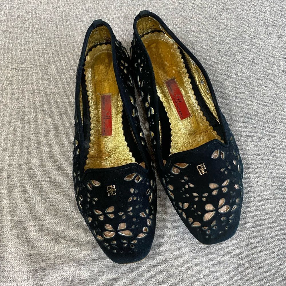 Carolina Herrera Black Lazer Cut Suede Flats Women Size 36